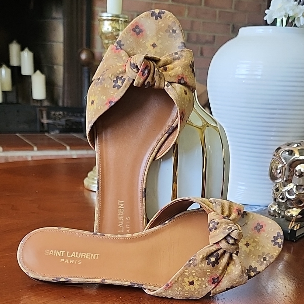 Saint Laurent Women's Tan Floral Slide Sandals